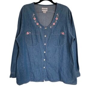 Vintage At Last & Co Floral Embroidered Denim Button Down Shirt Plus Size 18 20